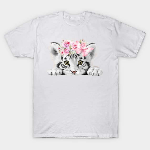 Cute Baby Tiger With Pink Flowers And Butterfly T-Shirt by Alienated